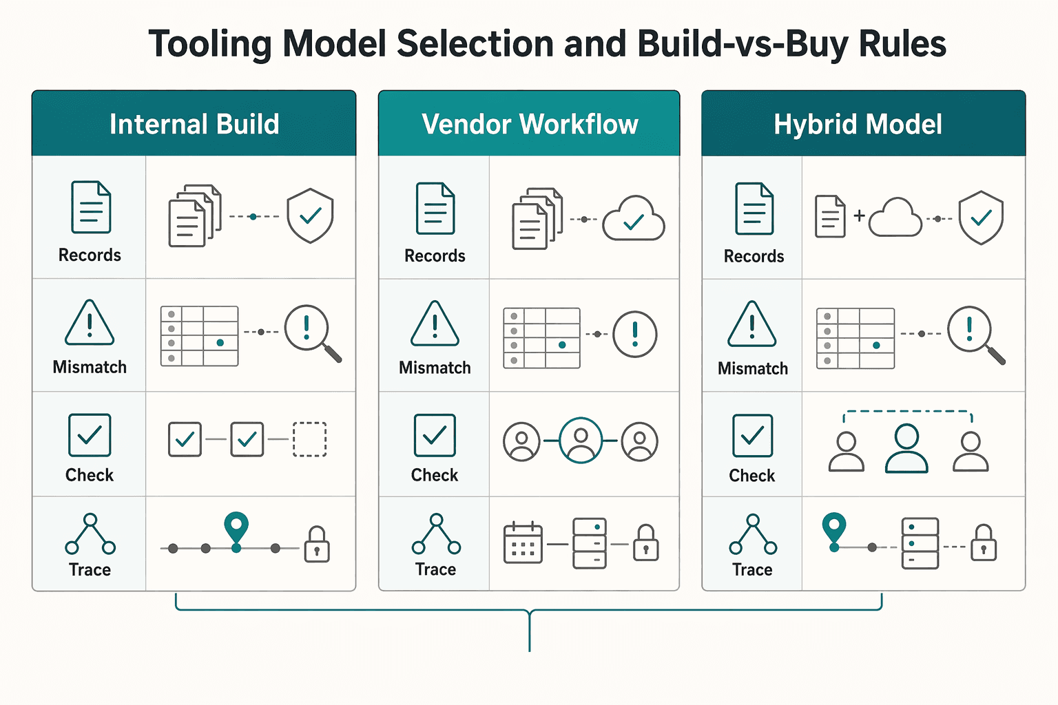 Diagram showing Tooling Model Selection and Build-vs-Buy Rules for W-8BEN and W-8BEN-E Platform Compliance for Contractor Payouts.