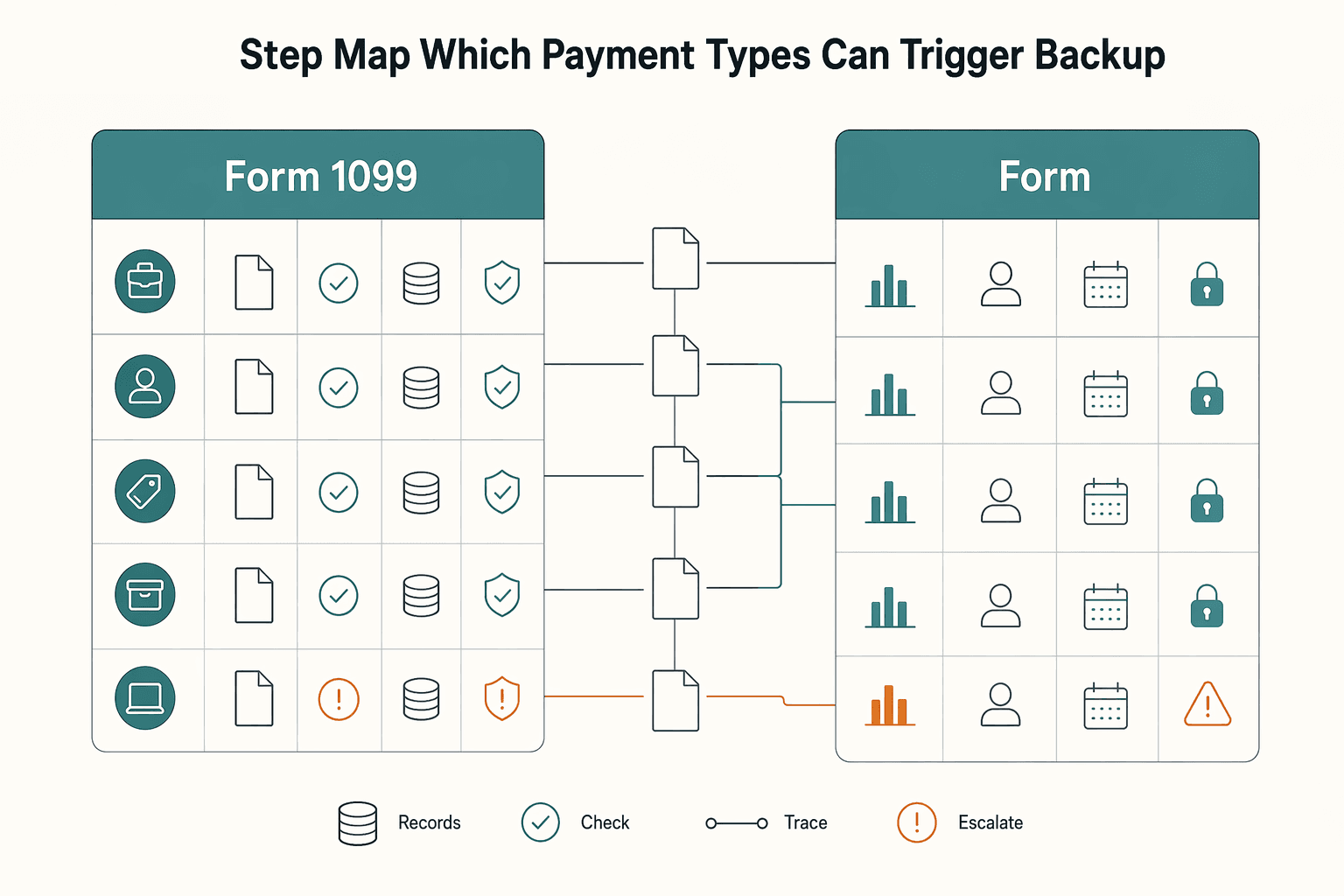 Diagram showing Step 1 map which payment types can trigger backup withholding for How Platforms Handle Backup Withholding When a Contractor Fails TIN Validation.