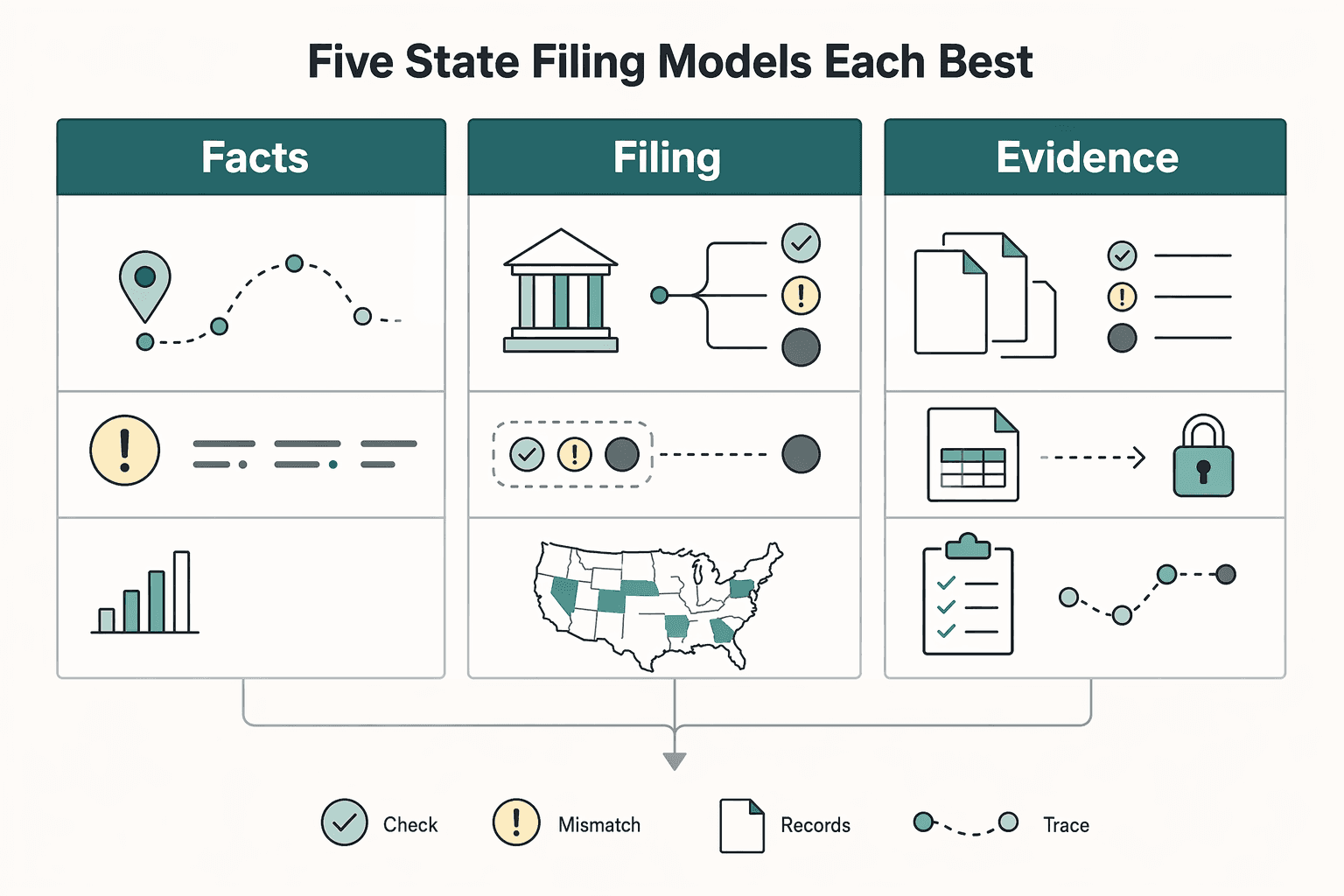 Diagram showing The five state filing models and when each is best for State 1099 Filing Requirements for Multi-State Platforms.