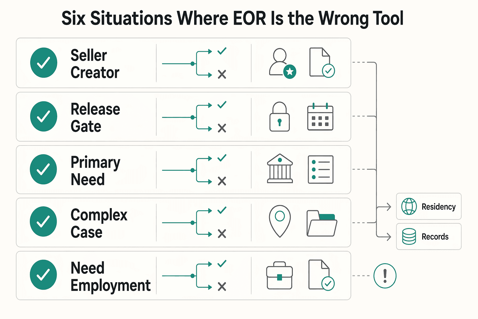 Diagram showing Six situations where EOR is the wrong tool for When Platforms Need an Employer of Record and When They Do Not.