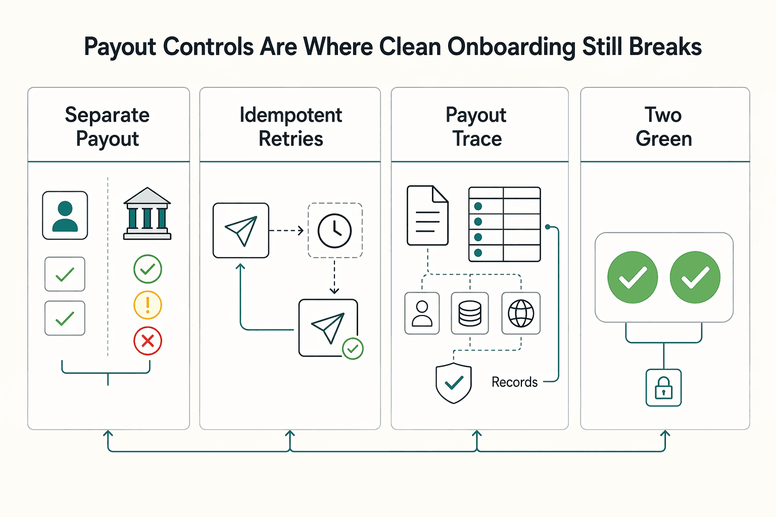Diagram showing Payout controls are where clean onboarding still breaks for AOR vs EOR vs Direct Contracting for Platform Compliance Teams.