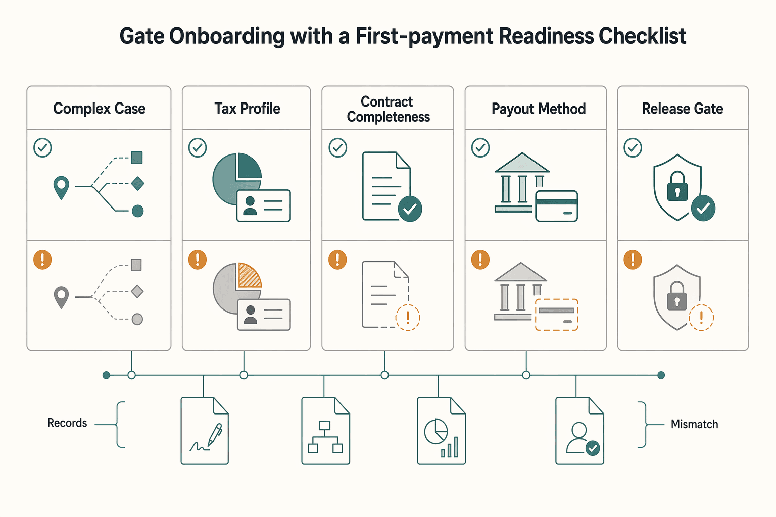 Diagram showing Gate onboarding with a first-payment readiness checklist for Hiring Contractors in India: PAN Collection TDS Withholding and Payout Rails.