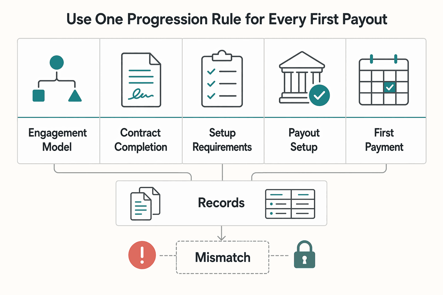 Diagram showing Use one progression rule for every first payout for Hiring Contractors in Brazil: Classification, Invoicing, Payout Controls, and Audit Records.