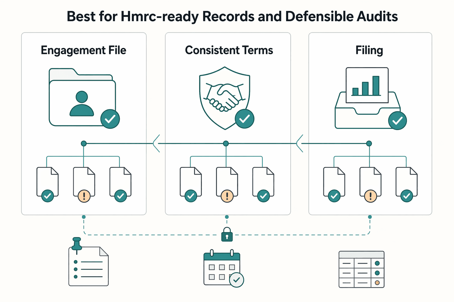 Diagram showing Best for HMRC-ready records and defensible audits for Hiring Contractors in the UK Under IR35 with Clear Ownership and Payout Gates.