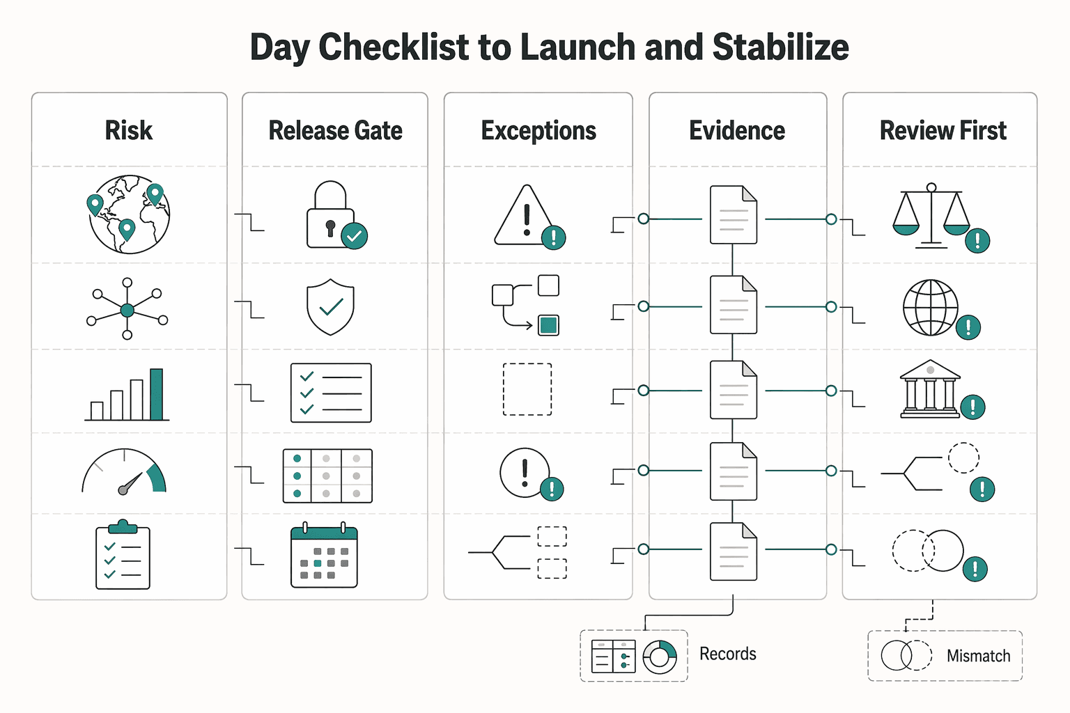 Diagram showing 30 day checklist to launch and stabilize for How to Build a Contractor Compliance Program That Scales Across 50+ Countries.
