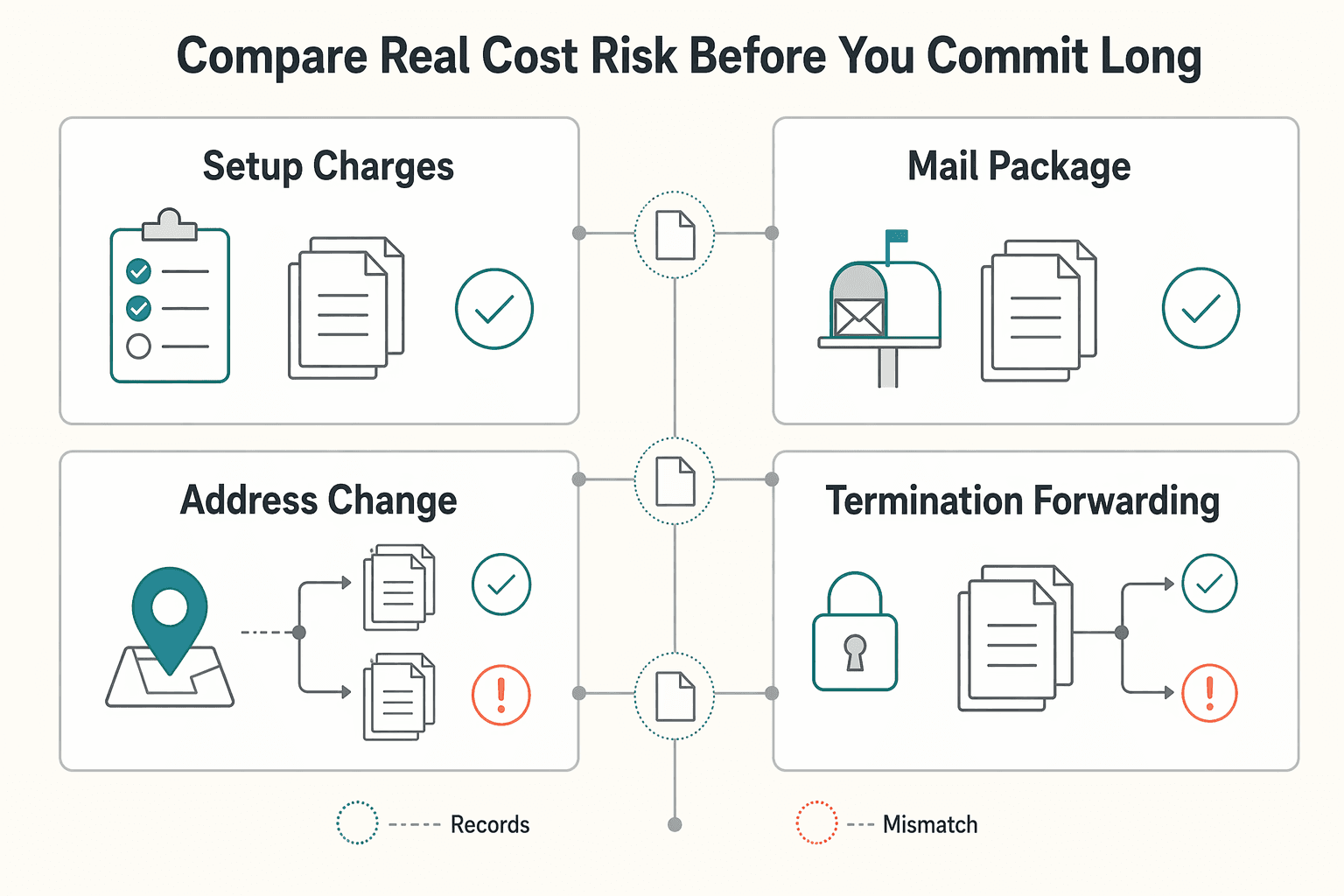 Diagram showing Compare Real Cost and Risk Before You Commit Long Term for How to Get a US Business Address as a Non-Resident.