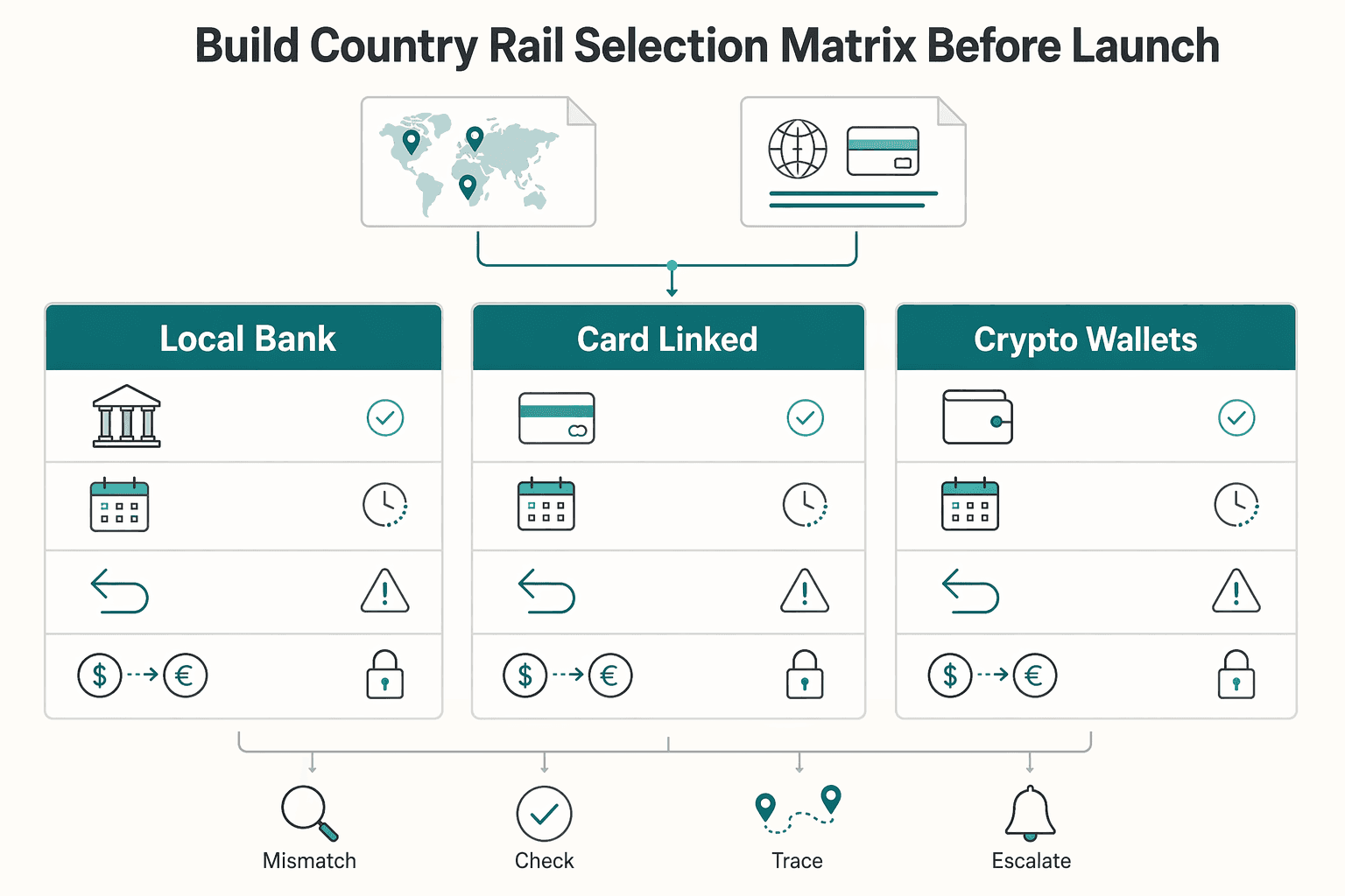 Diagram showing Build a country and rail selection matrix before launch for Affiliate Network Payout Automation for Commission and Global Distribution Decisions.