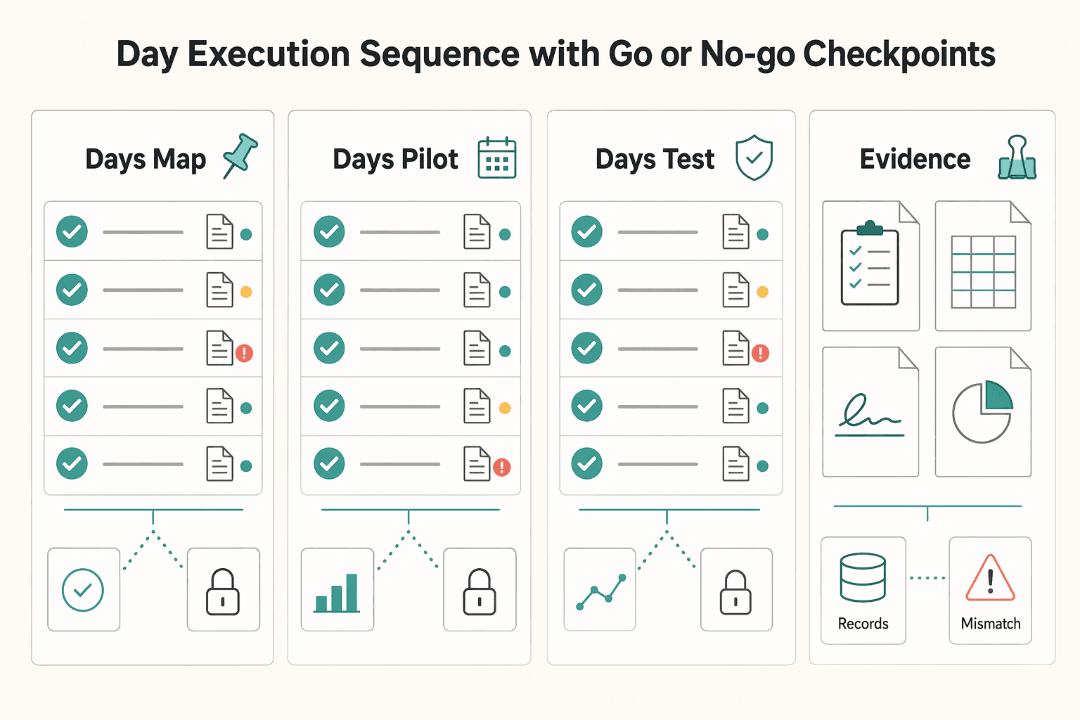 Diagram showing 90-day execution sequence with go or no-go checkpoints for Choosing Construction Platform Payouts for Certified Payroll Compliance.