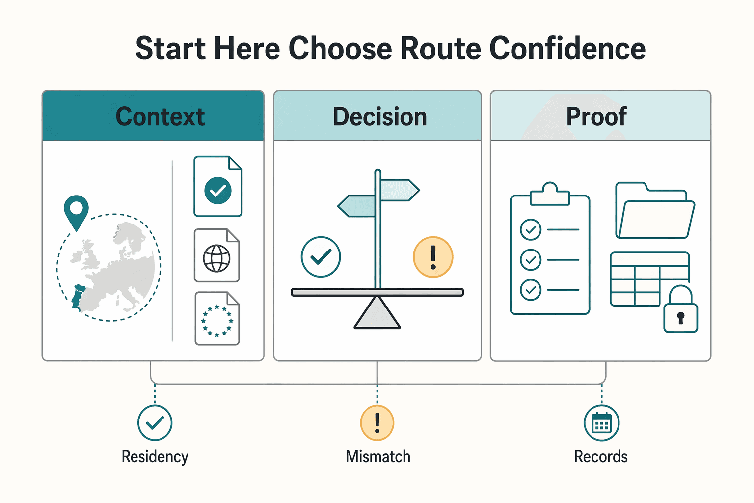 Diagram showing Start Here and Choose Your D8 Route With Confidence for Portugal Digital Nomad Visa Decisions That Prevent D8 Delays.