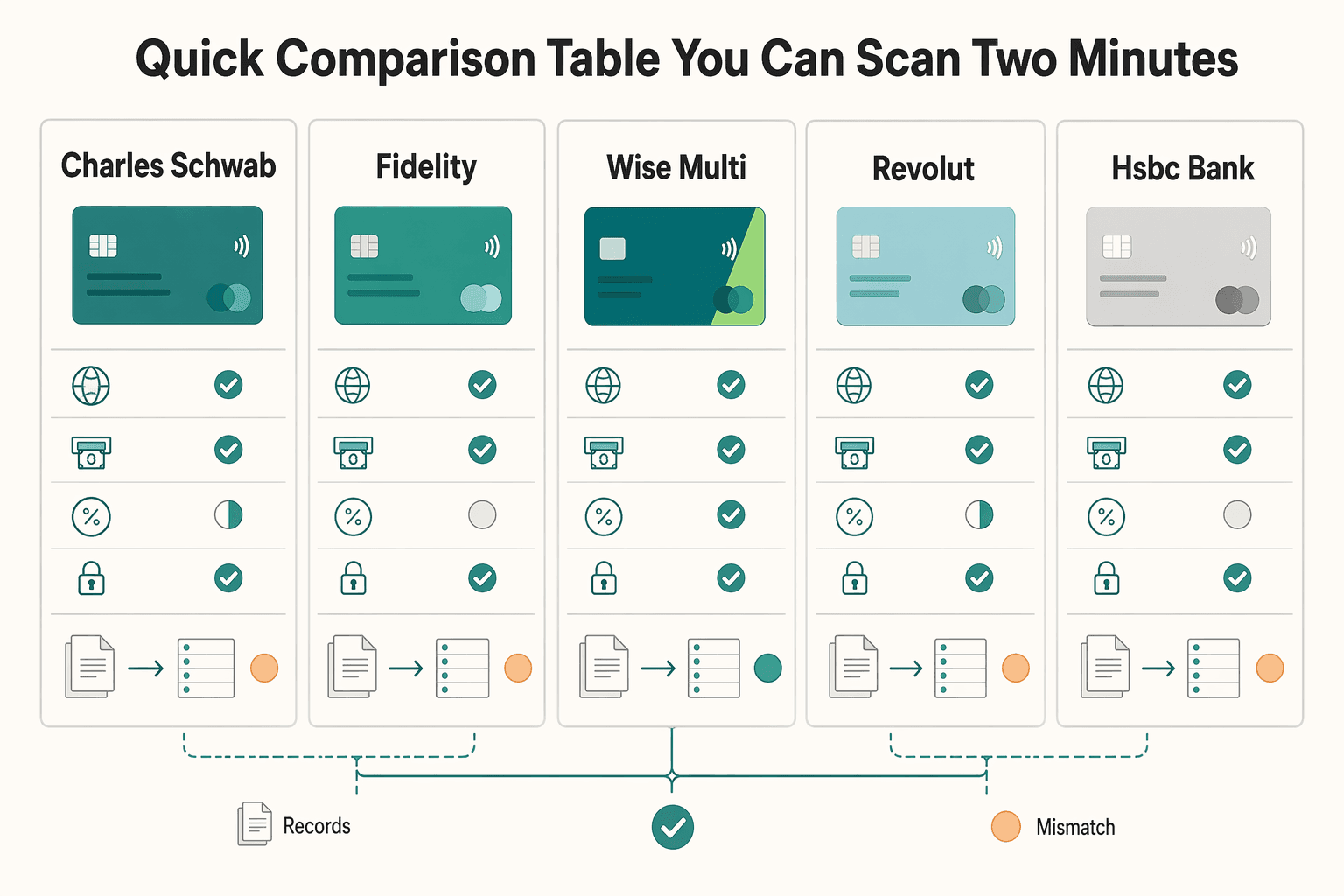 Diagram showing Quick comparison table you can scan in two minutes for The Best Debit Cards for International Travel.