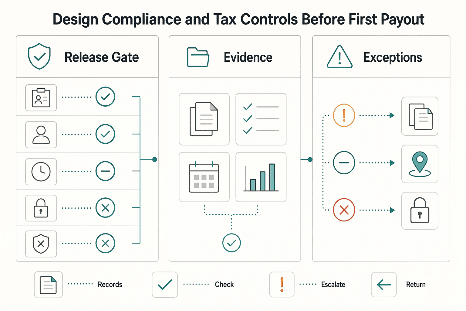 Diagram showing Design compliance and tax controls before first payout for How a SaaS Company Moved From Stripe Billing to Gruv.