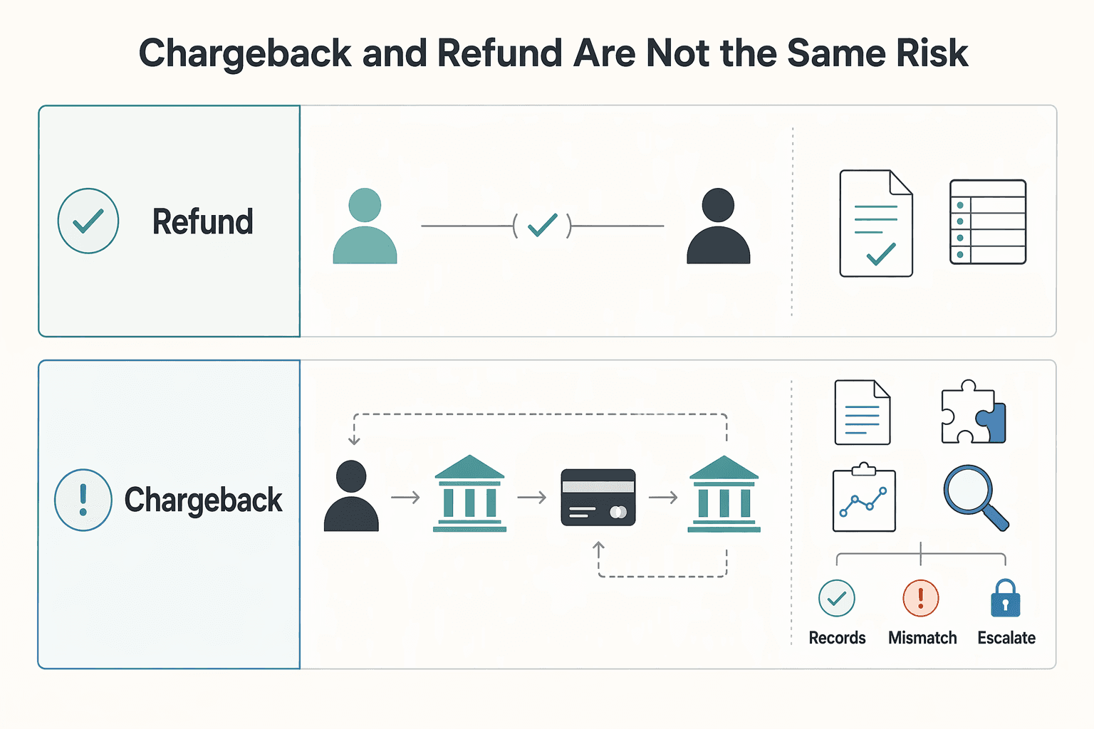 Diagram showing Chargeback and refund are not the same risk for How to Protect Yourself from Chargebacks as a Freelancer.