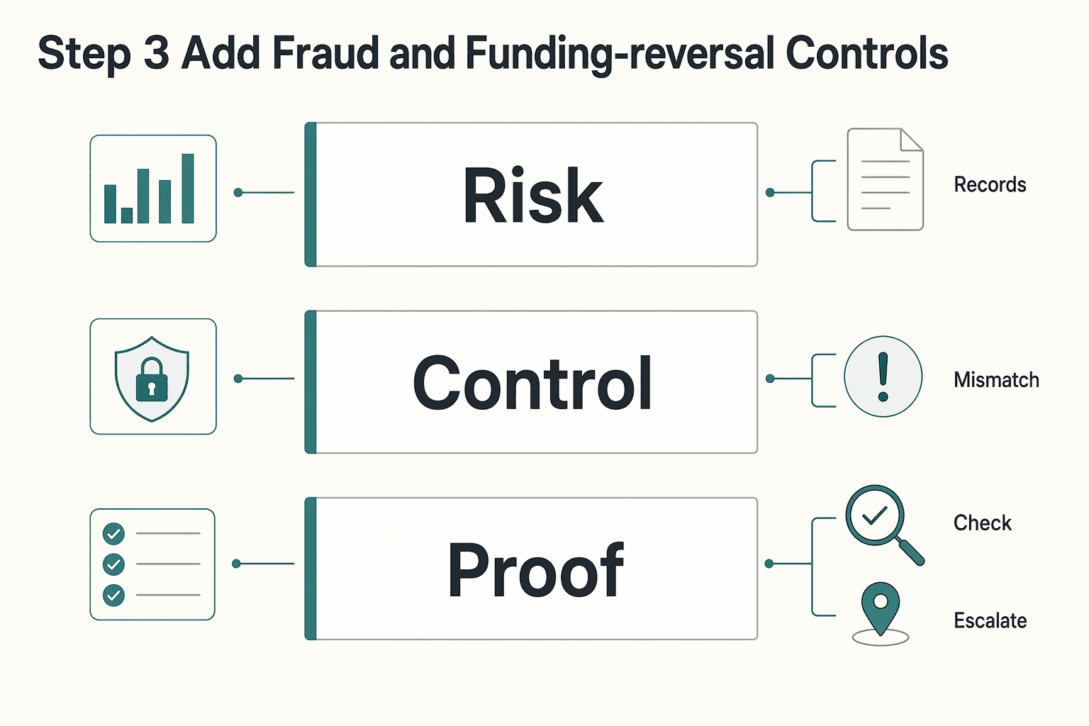 Diagram showing Step 3. Add fraud and funding-reversal controls for How to Implement Pay-Fiat-Receive-Crypto for Contractor Payouts.