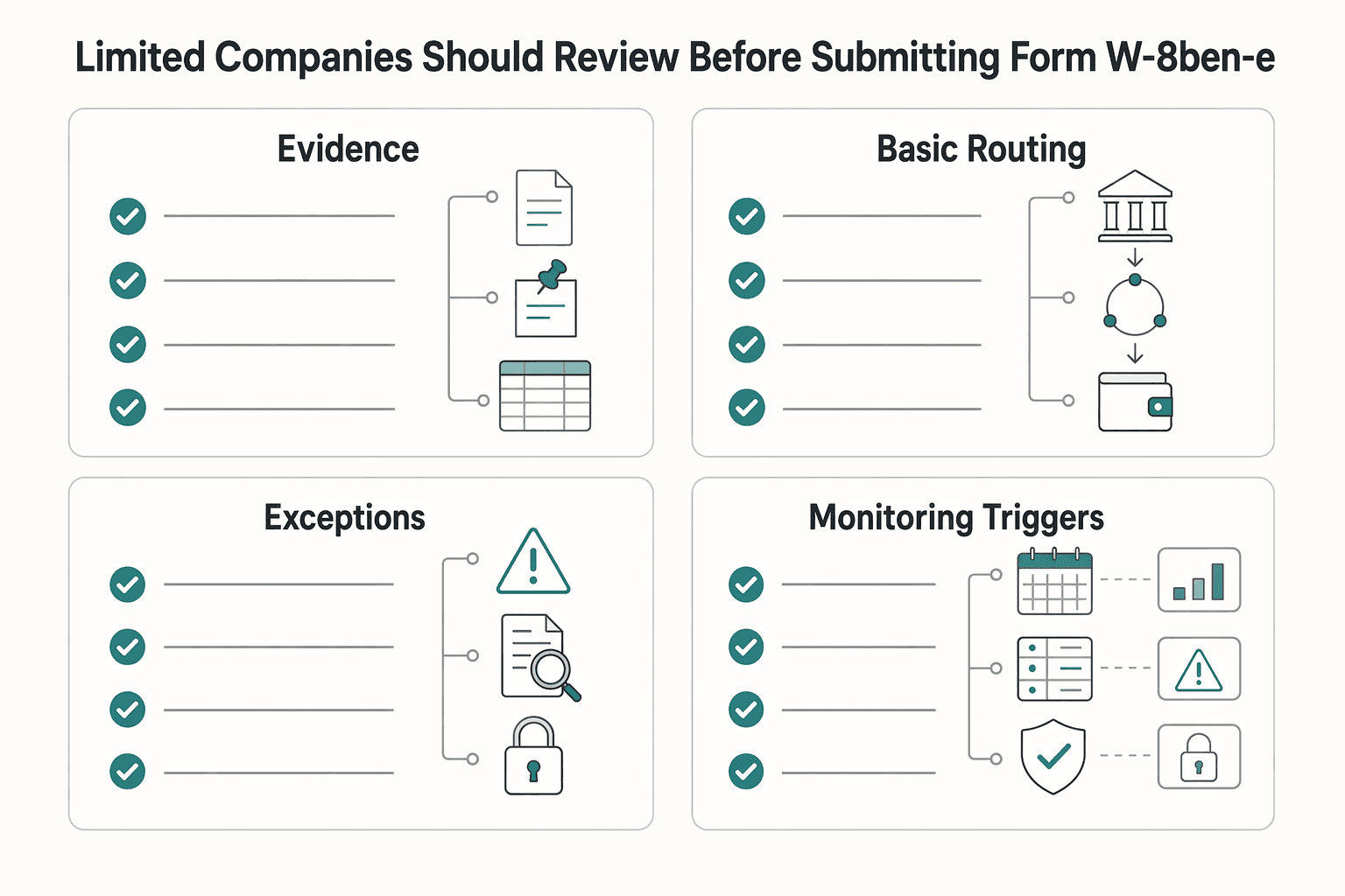 Diagram showing What UK limited companies should review before submitting Form W-8BEN-E for W-8BEN-E for UK Limited Companies with Routing and Review Checks.
