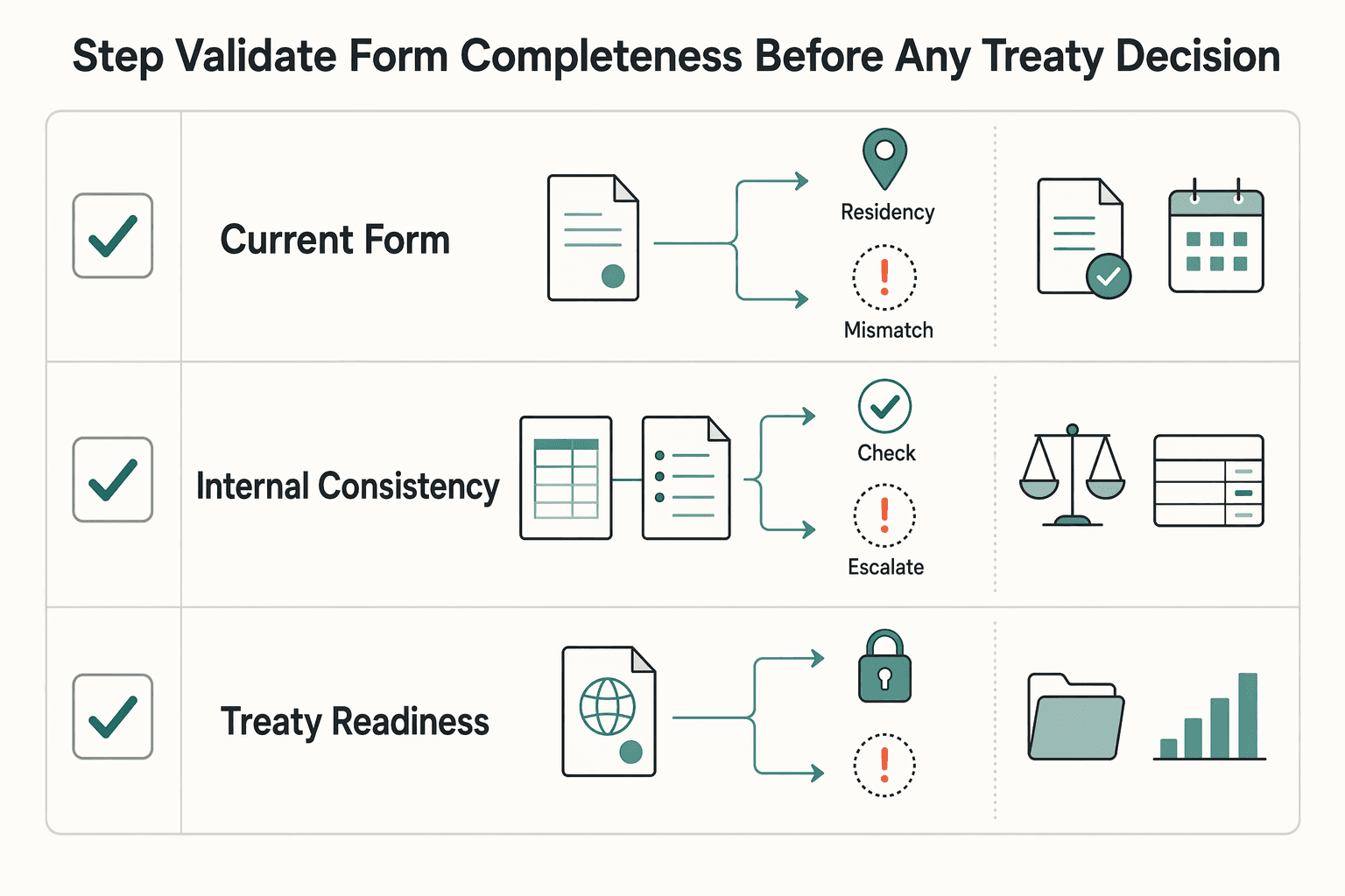 Diagram showing Step 2 validate form completeness before any treaty decision for W-8BEN Default 30% Withholding: How to Reduce It Using Tax Treaty Benefits.