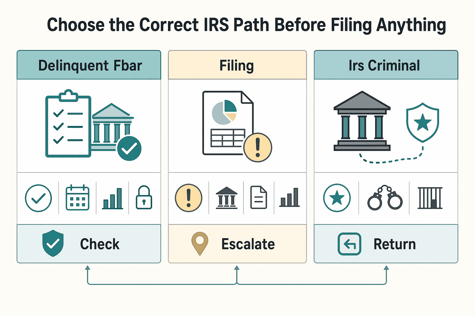 Diagram showing Choose the correct IRS path before filing anything for When Delinquent FBAR Submission Procedures Are the Right IRS Path.