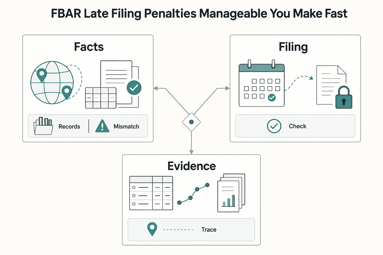 Diagram showing FBAR late filing penalties are manageable when you make fast, documented decisions for Managing FBAR Late Filing Penalties With Fast, Defensible Decisions.