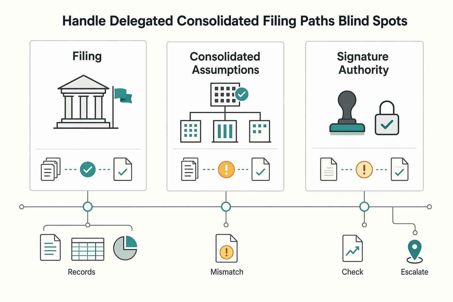 Diagram showing Handle delegated and consolidated filing paths without blind spots for FBAR Calculator Threshold for FinCEN Form 114 Decisions.