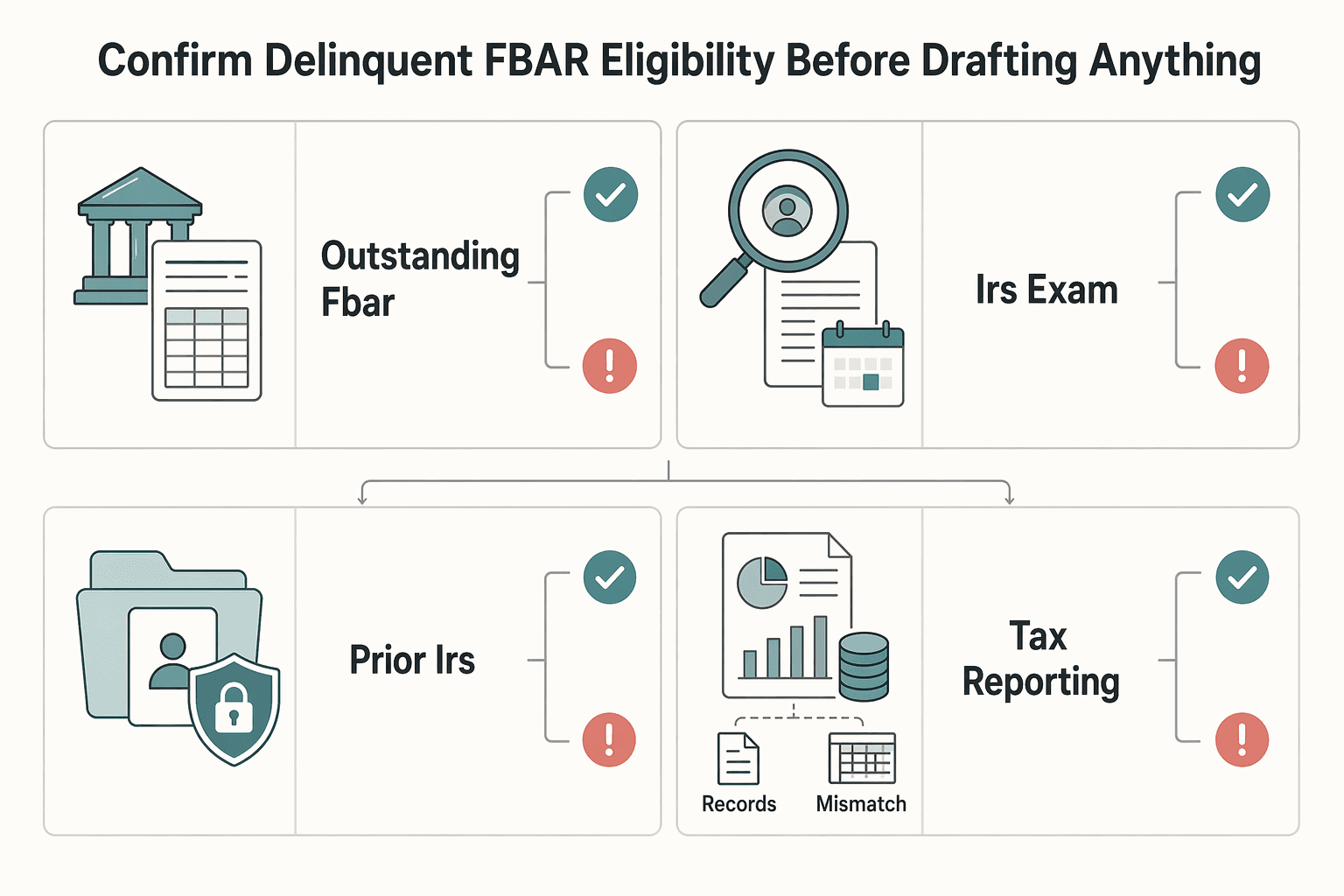 Diagram showing Confirm Delinquent FBAR eligibility before drafting anything for FBAR Reasonable Cause Letter Template for Late Filing Decisions.