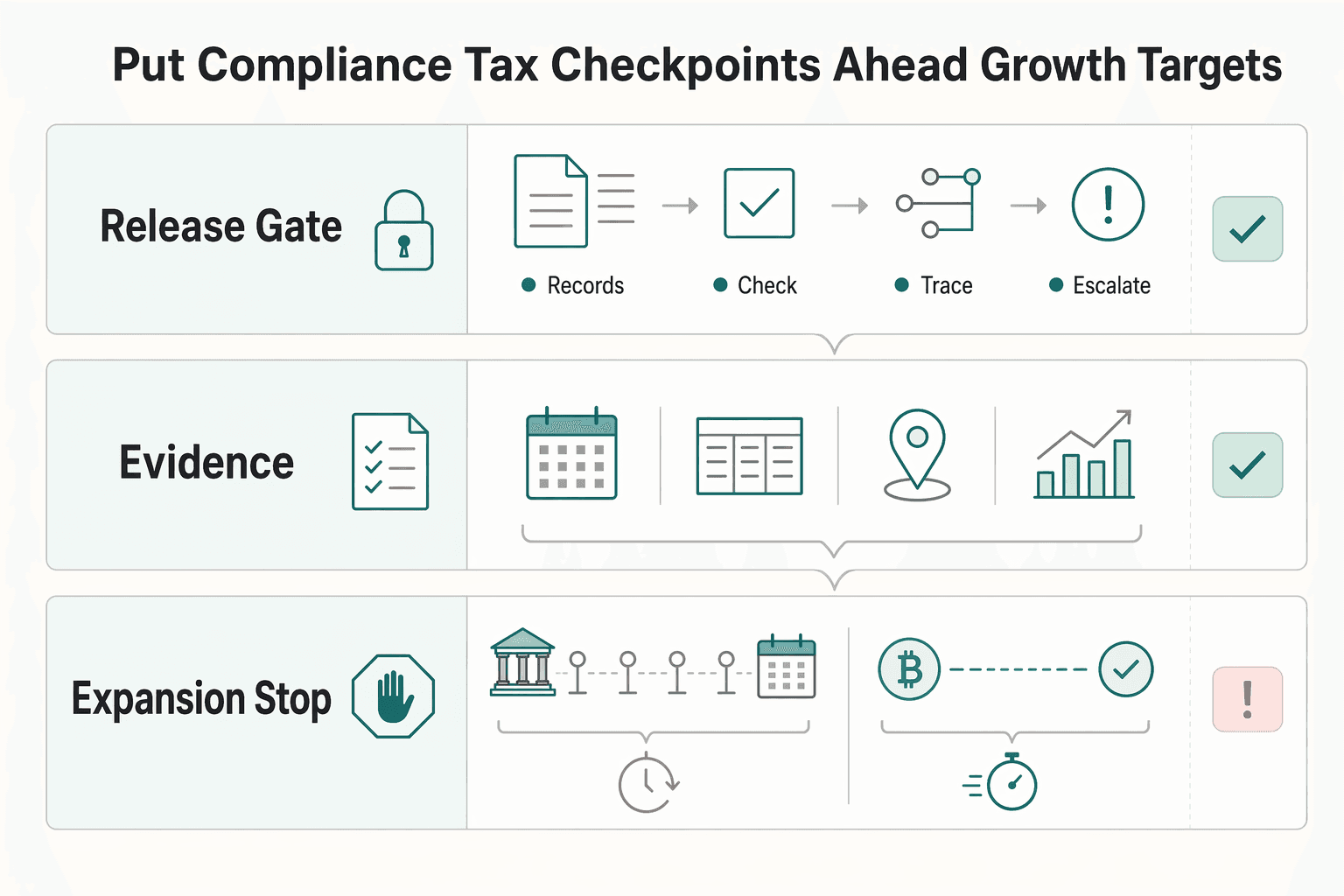 Diagram showing Put compliance and tax checkpoints ahead of growth targets for How Platform Teams Manage Crypto Freelancer Payouts.