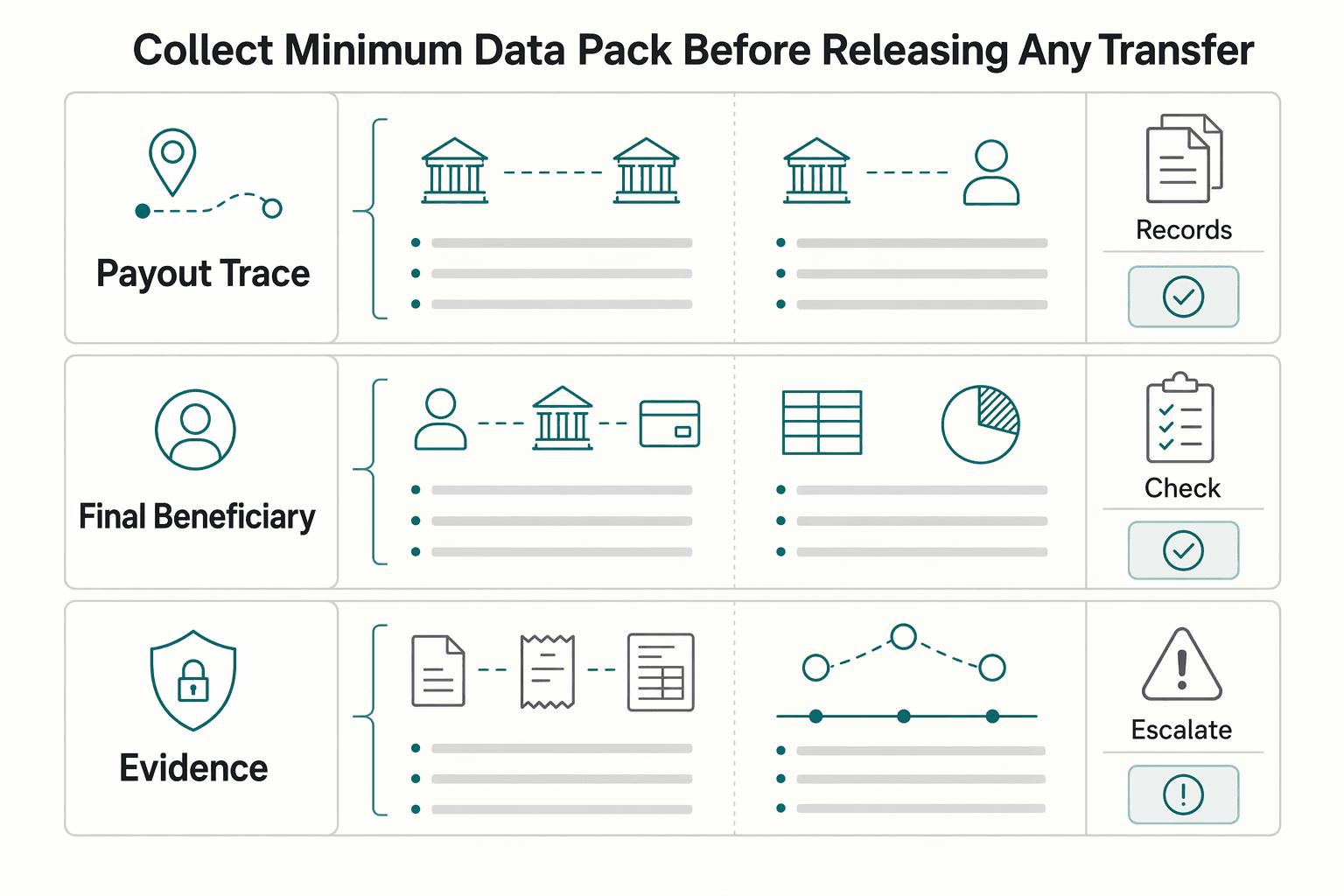 Diagram showing Collect the Minimum Data Pack Before Releasing Any Transfer for FFC Account Number Meaning for Wire Transfers and Further Credit Instructions.