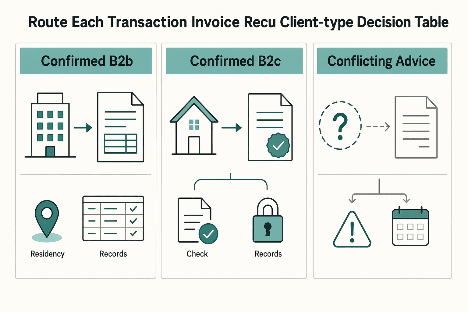 Diagram showing Route each transaction to invoice or recu with a client-type decision table for How to Invoice as a Freelancer in France for Auto-Entrepreneur TVA Compliance.