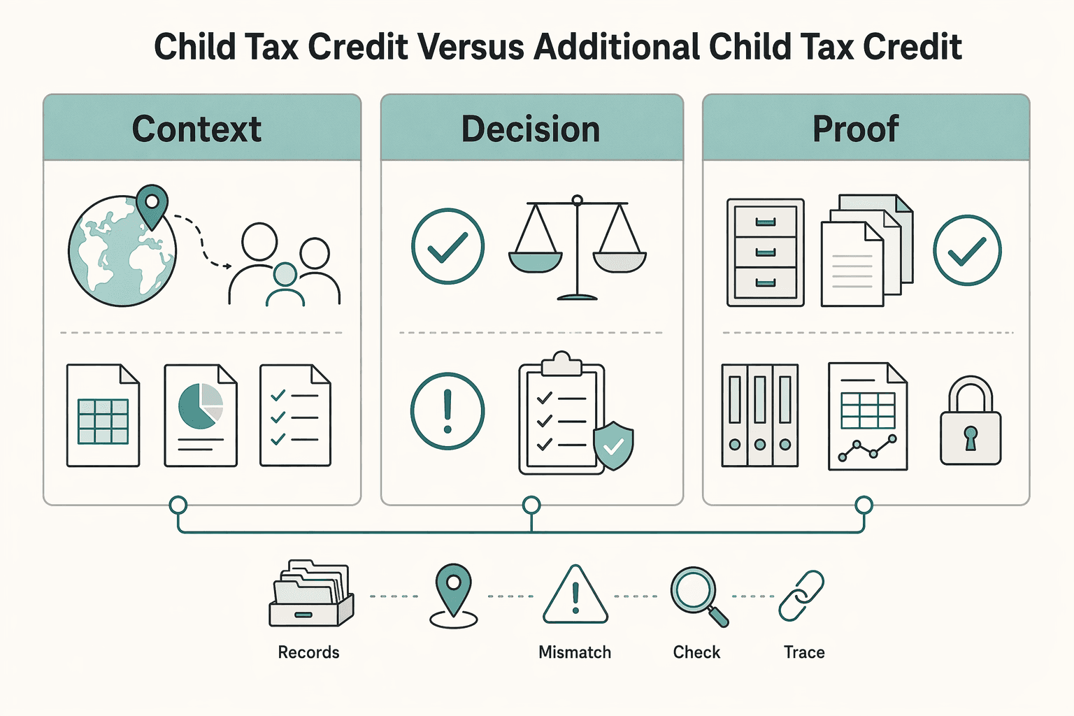 Diagram showing Child Tax Credit versus Additional Child Tax Credit where risk changes for Child Tax Credit for U.S. Expats: Eligibility, FEIE, and Filing Checks.