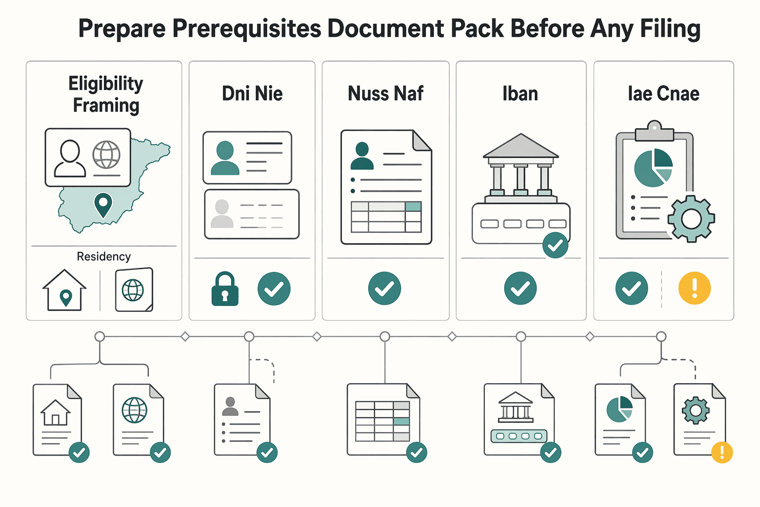 Diagram showing Prepare prerequisites and a document pack before any filing for Become Freelancer Spain Autonomo 2026 with the Right Filing Sequence.