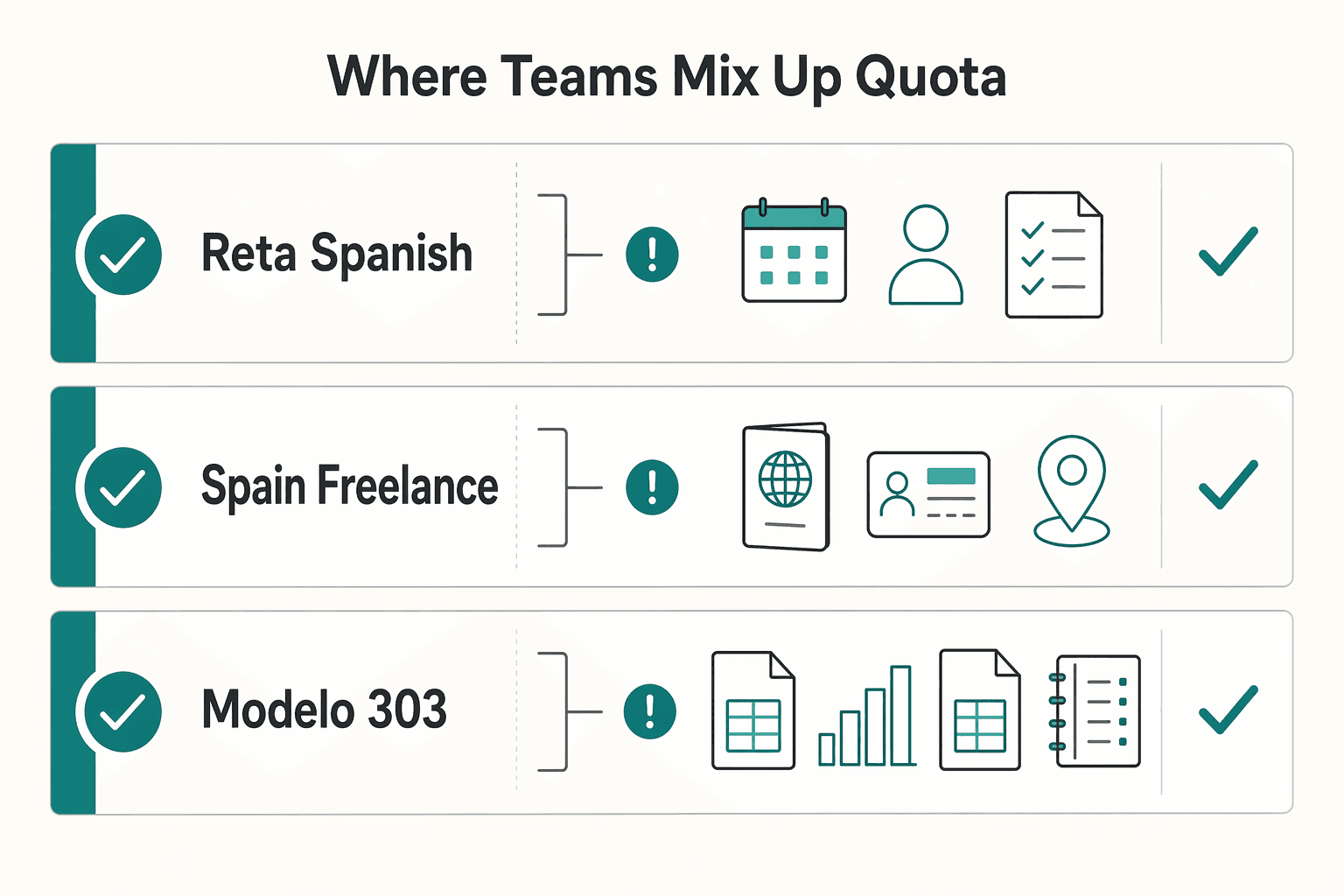 Diagram showing Where teams mix up quota, visa, and quarterly tax duties for How Autonomos Actually Pay Spanish Social Security Quota in 2026.