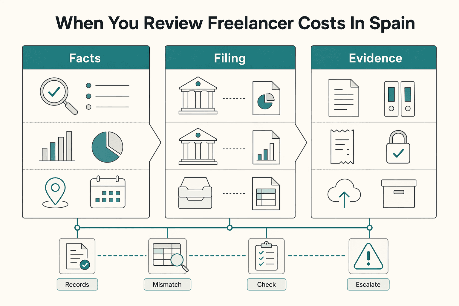 Diagram showing When you review freelancer costs in Spain, a common mistake is treating "deductible" as... for Deductible Expenses for Freelancers in Spain Under IRPF and VAT.