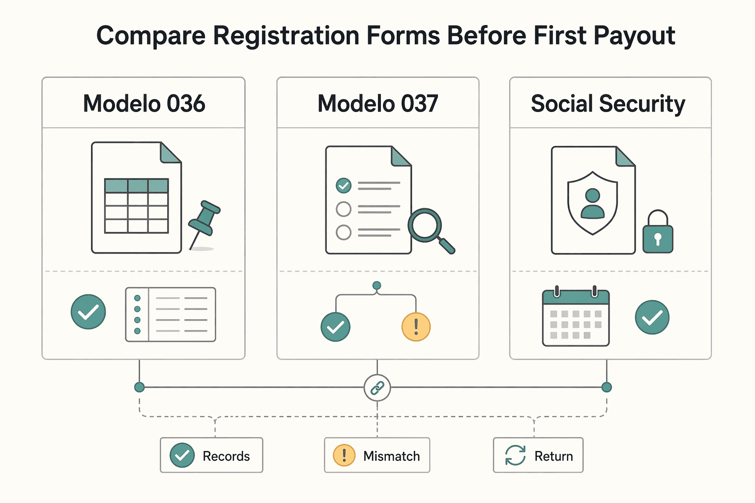 Diagram showing Compare registration forms before first payout for Spanish Freelancer Tax Forms Explained: Modelos 036, 037, 111, 130, 303, and 390.