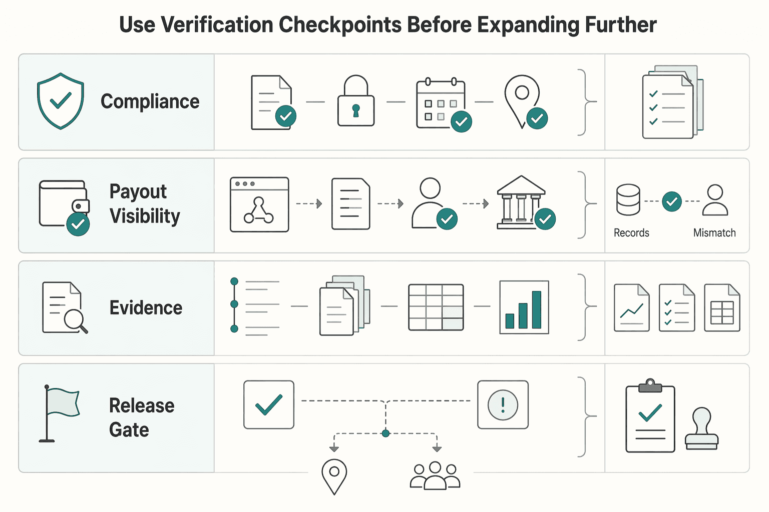 Diagram showing Use Verification Checkpoints Before Expanding Further for Where Hiring Freelancers Helps Your Business and Where It Breaks Down.