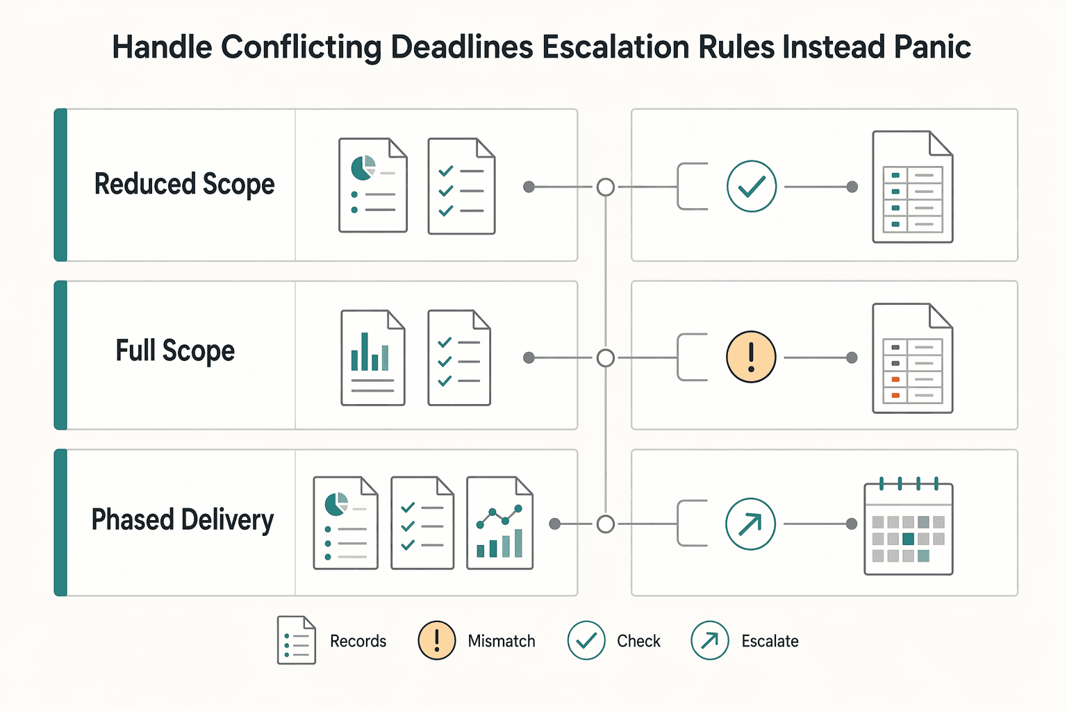 Diagram showing Handle conflicting deadlines with escalation rules instead of panic for How to Manage Multiple Freelance Projects Without Losing Your Mind.