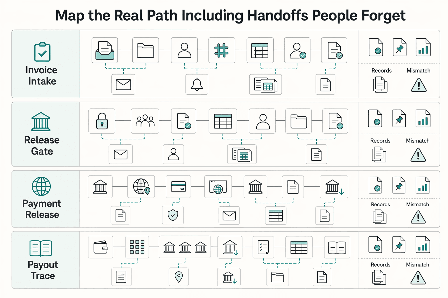 Diagram showing Map the real path, including handoffs people forget for The Controller's 90-Day Roadmap to Scalable Accounts Payable Governance.