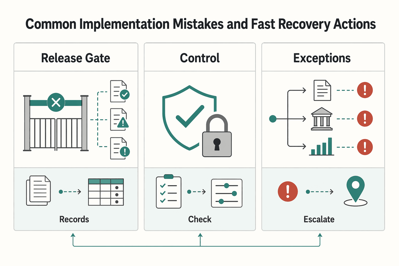 Diagram showing Common implementation mistakes and fast recovery actions for How Controllers Use AP Automation to Drive Financial Control Across Departments.