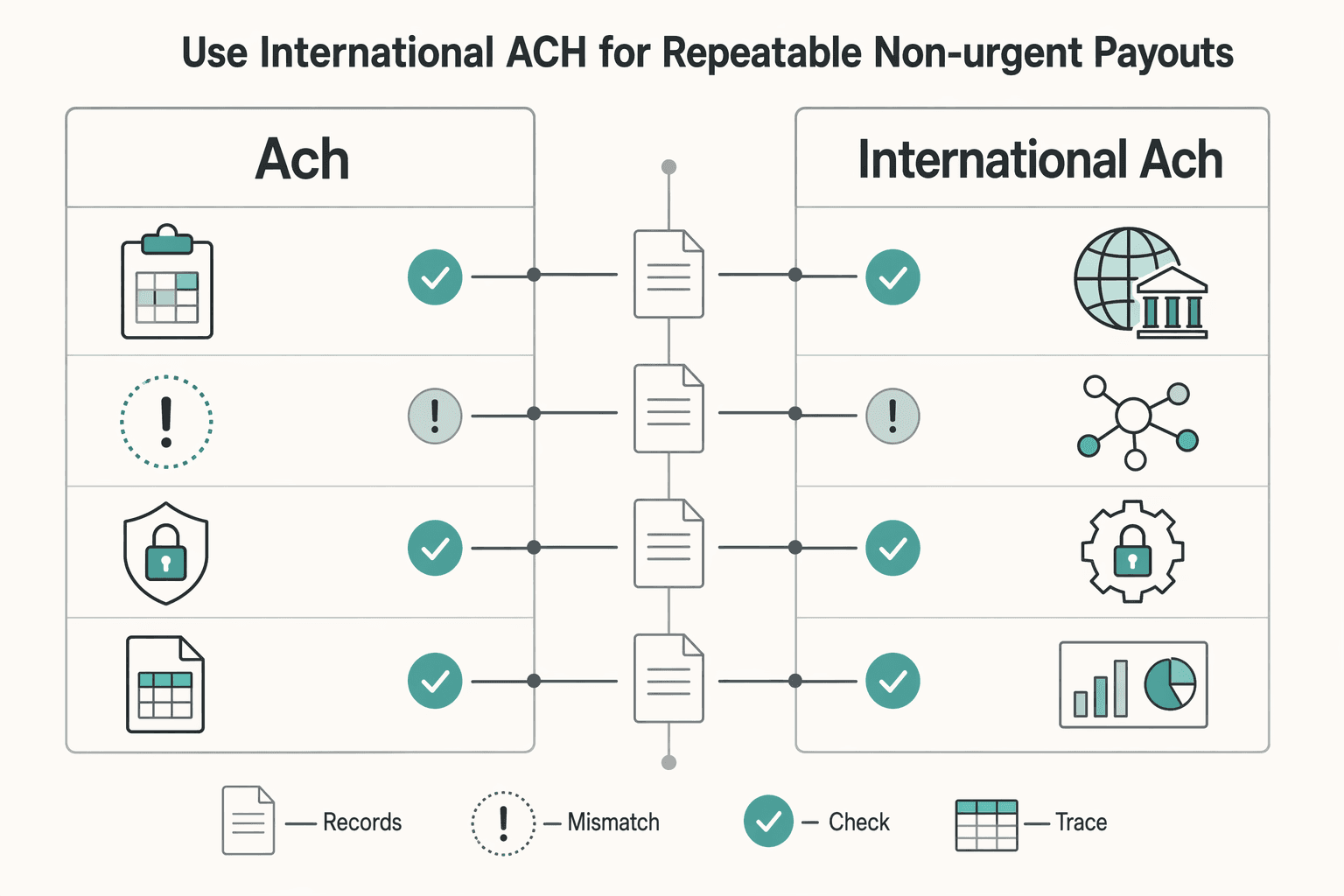 Diagram showing Use international ACH for repeatable, non-urgent payouts for International ACH Transfers for Platform Operators.