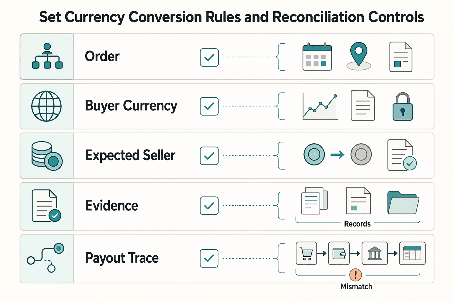 Diagram showing Set currency conversion rules and reconciliation controls for How Cross-Border Sellers Should Validate eBay Payouts Before Launch.