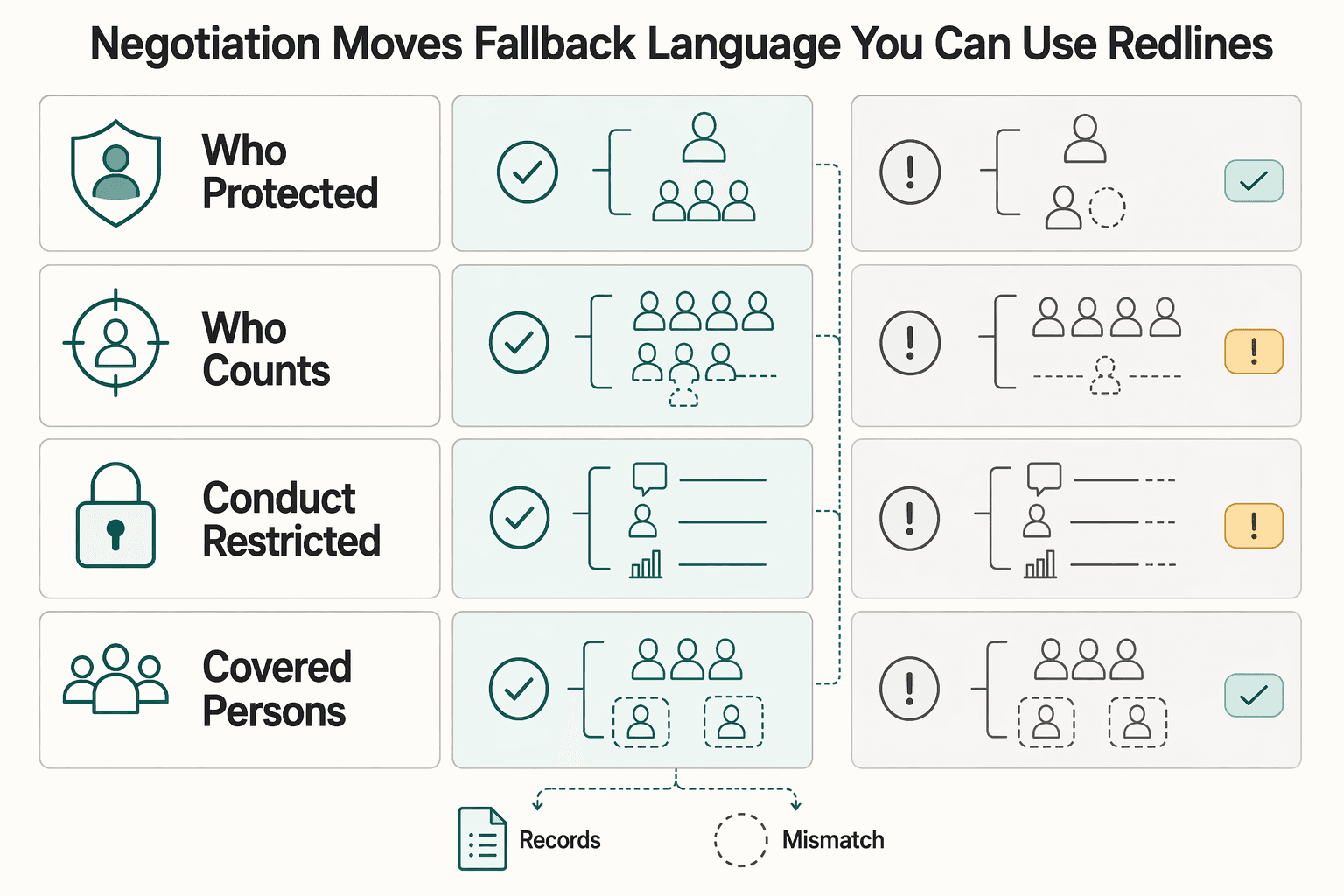 Diagram showing Negotiation Moves and Fallback Language You Can Use in Redlines for Non-Solicitation vs Non-Compete for Freelancers and Consultants.