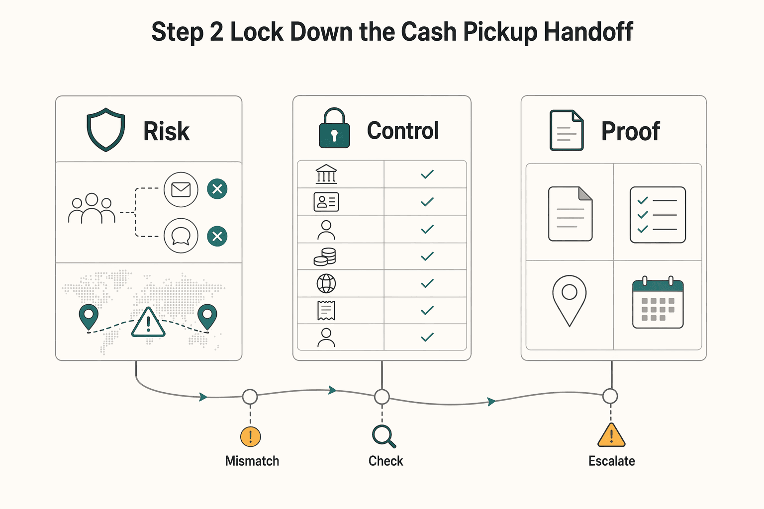 Diagram showing Step 2 Lock down the cash pickup handoff for How to Receive International Payments in Ukraine: SWIFT Banks and Wartime Compliance.