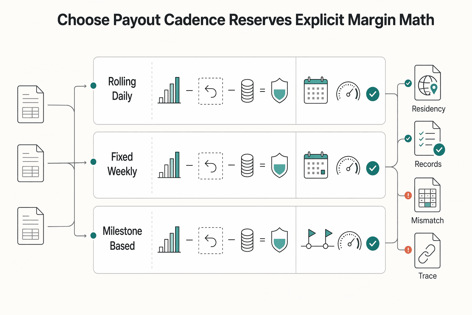 Diagram showing Choose payout cadence and reserves with explicit margin math for Southeast Asia Ecommerce Marketplace Payouts and Seller Compliance.