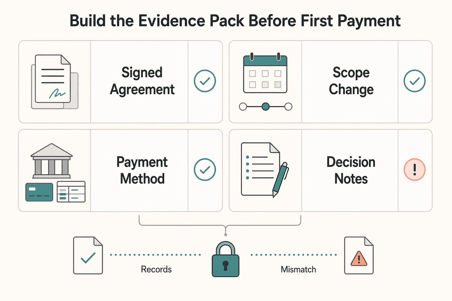 Diagram showing Build the evidence pack before first payment for Freelance vs Contractor vs Employee Classification and How It Changes Payout Risk.