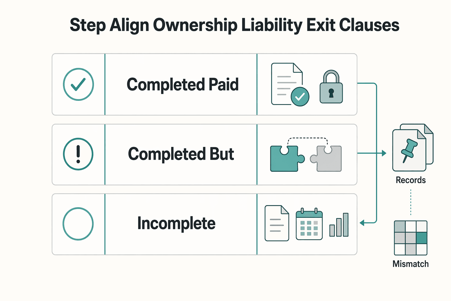 Diagram showing Step 5 align ownership with liability and exit clauses for How to Write a 'Work Made for Hire' Clause Correctly.