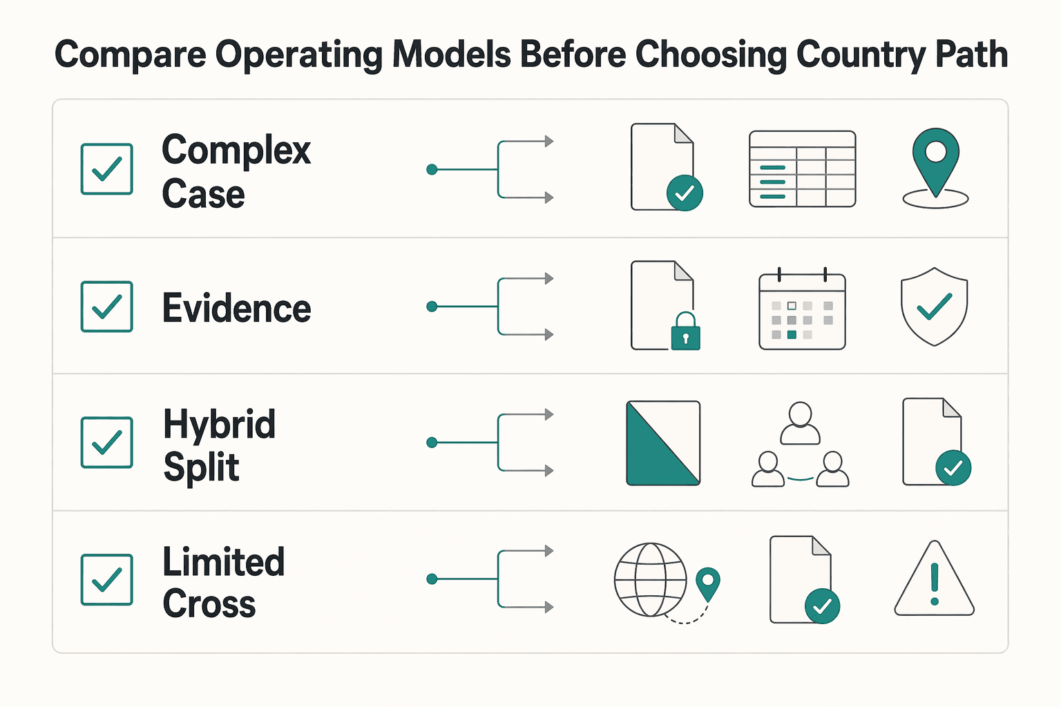 Diagram showing Compare the operating models before choosing a country path for What Platforms Spend Per Country to Stay Compliant in Global Expansion.