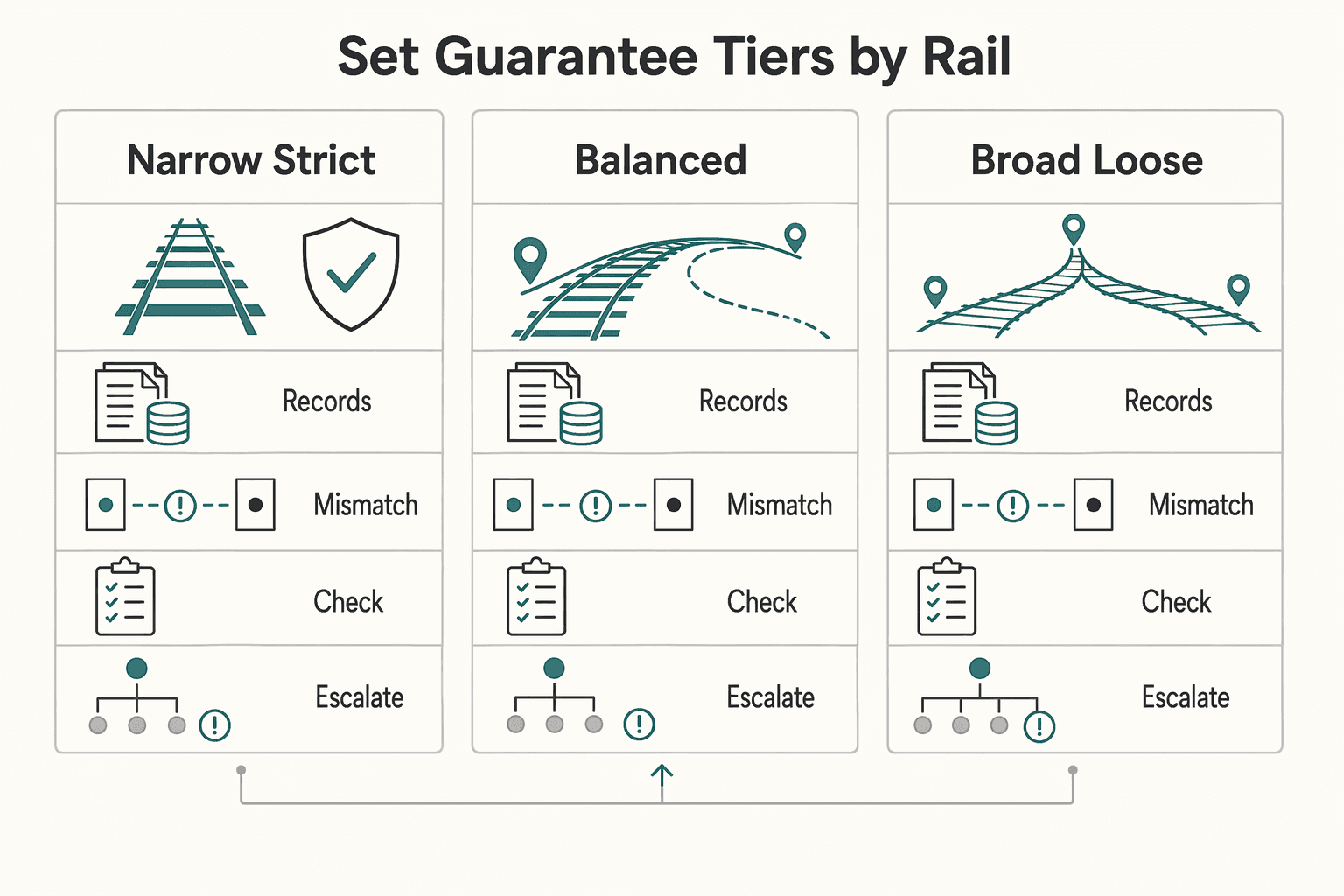 Diagram showing Set guarantee tiers by rail, corridor, and risk profile for Contractor Payout SLA Payment Speed Guarantees That Hold Up Under Load.