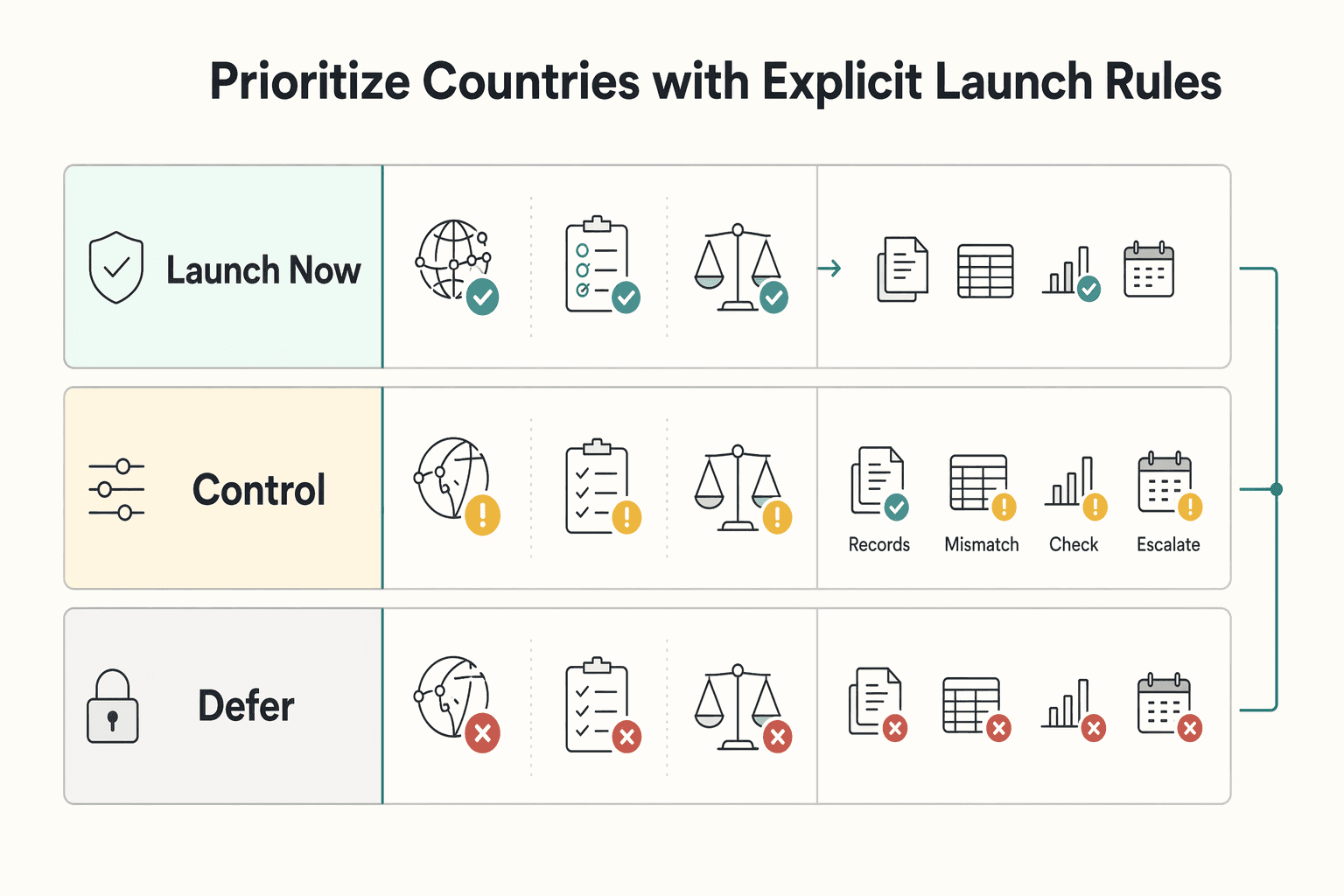 Diagram showing Prioritize countries with explicit launch rules for Global Contractor Payout Speed Index by Country.