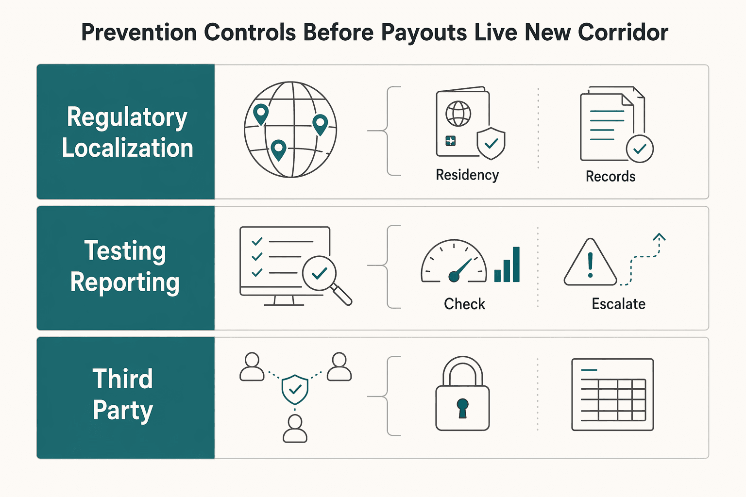 Diagram showing Prevention controls before payouts go live in a new corridor for How Marketplace Teams Reduce Payout Errors Before Expansion.