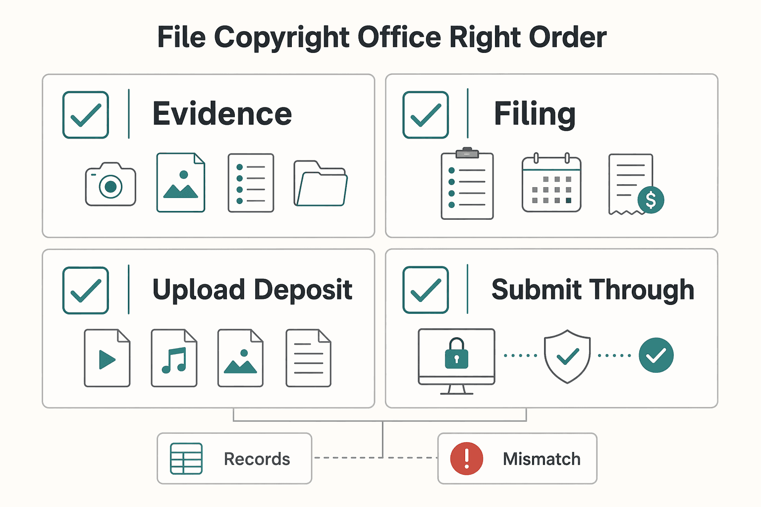 Diagram showing File with the U.S. Copyright Office in the right order for How to Copyright Your Creative Work as a Freelancer.