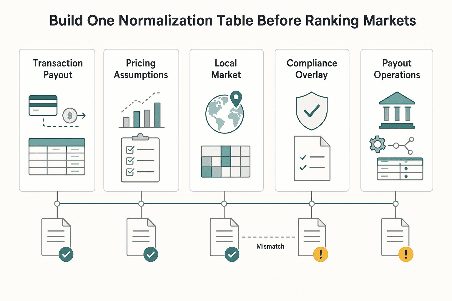 Diagram showing Build one normalization table before ranking markets for Platform Payment Fee Benchmarks for Marketplaces.