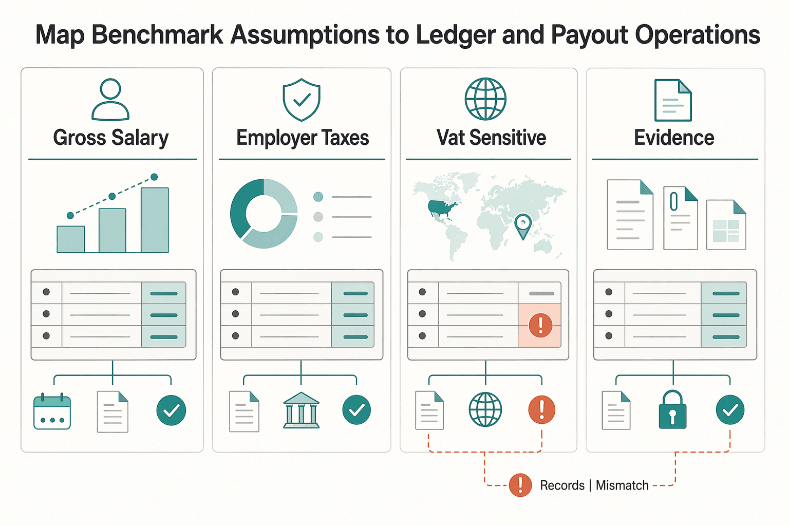 Diagram showing Map benchmark assumptions to ledger and payout operations for Employer Cost by Country Benchmark for Finance and Ops Teams.