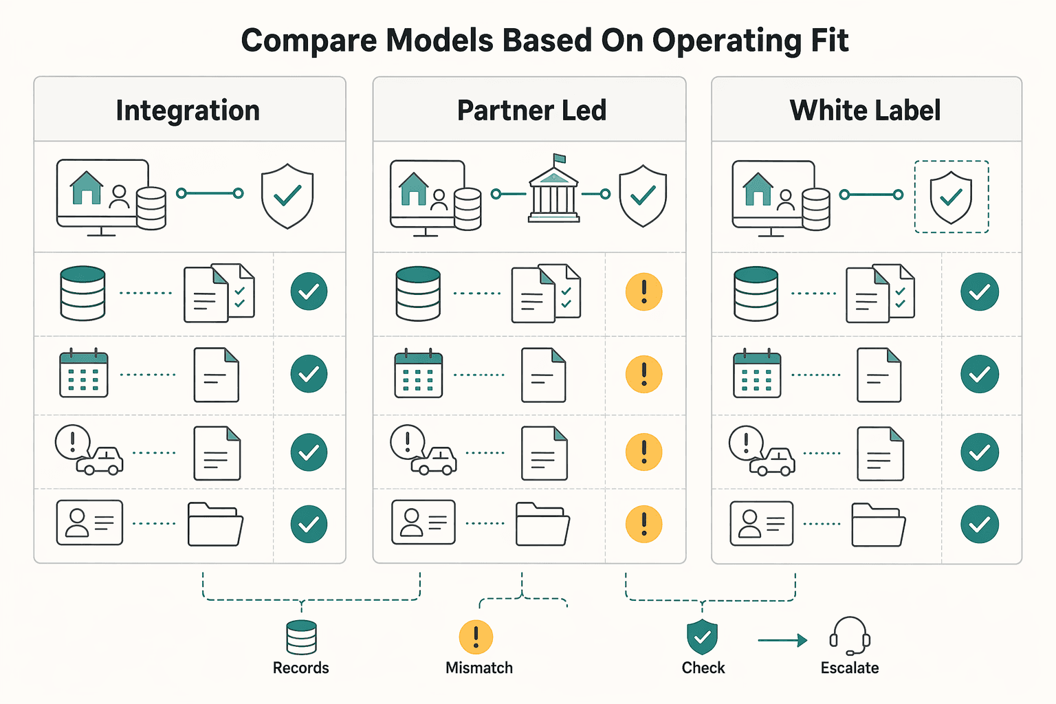 Diagram showing Compare models based on operating fit for Embedded Insurance for Contractor Platforms: Product Strategy Guide.